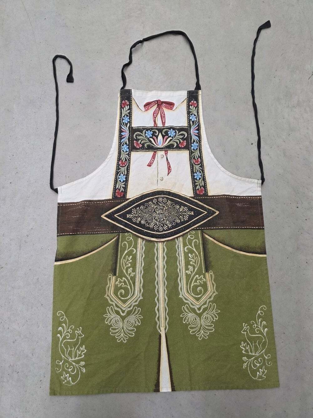 Bavarian Lederhosen Style Apron 100% Cotton Green White Folk Art Print